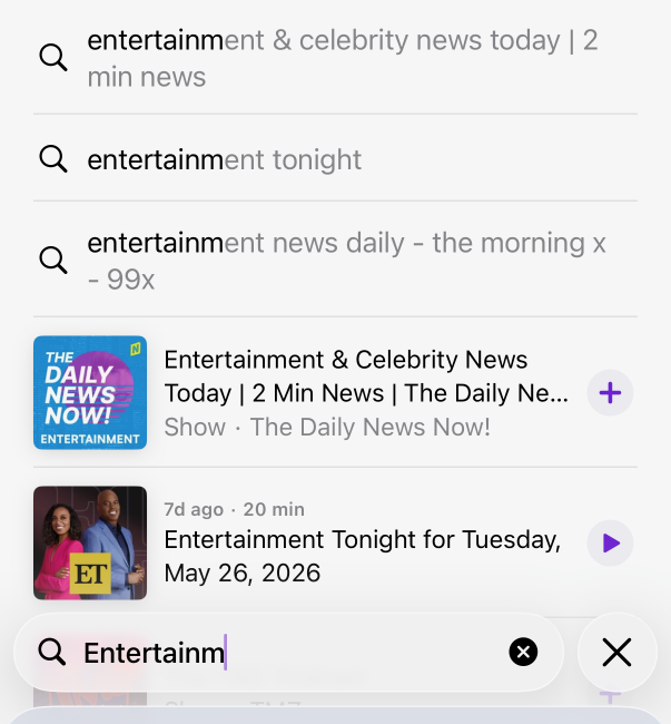 Apple Podcasts search results for entertainment news